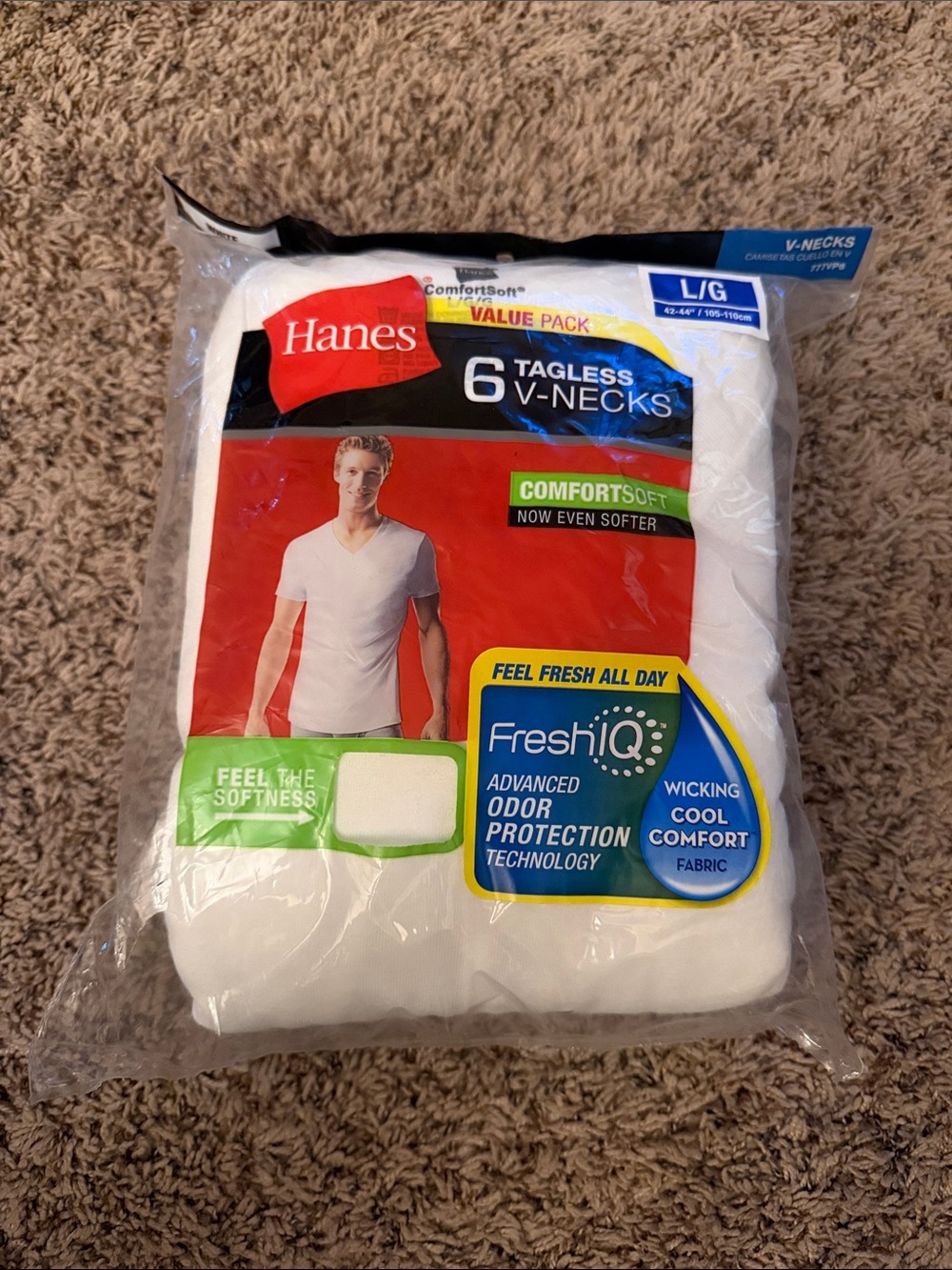 Hanes White 6-Pack Tagless V-Neck Undershirts - L/G